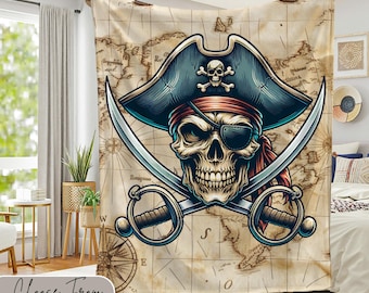 Pirate Skull Velveteen Plush Blanket, Crossed Swords & Vintage Map Jolly Roger Soft Throw, Cozy Bedspread, Nautical Decor, Pirate Lover Gift