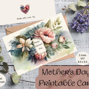 Carte de fête des mères imprimable, téléchargement immédiat, 5 x 7 et 8,5 x 5,5, carte de fête des mères heureuse, carte de fête des mères imprimable, aquarelle florale, PDF