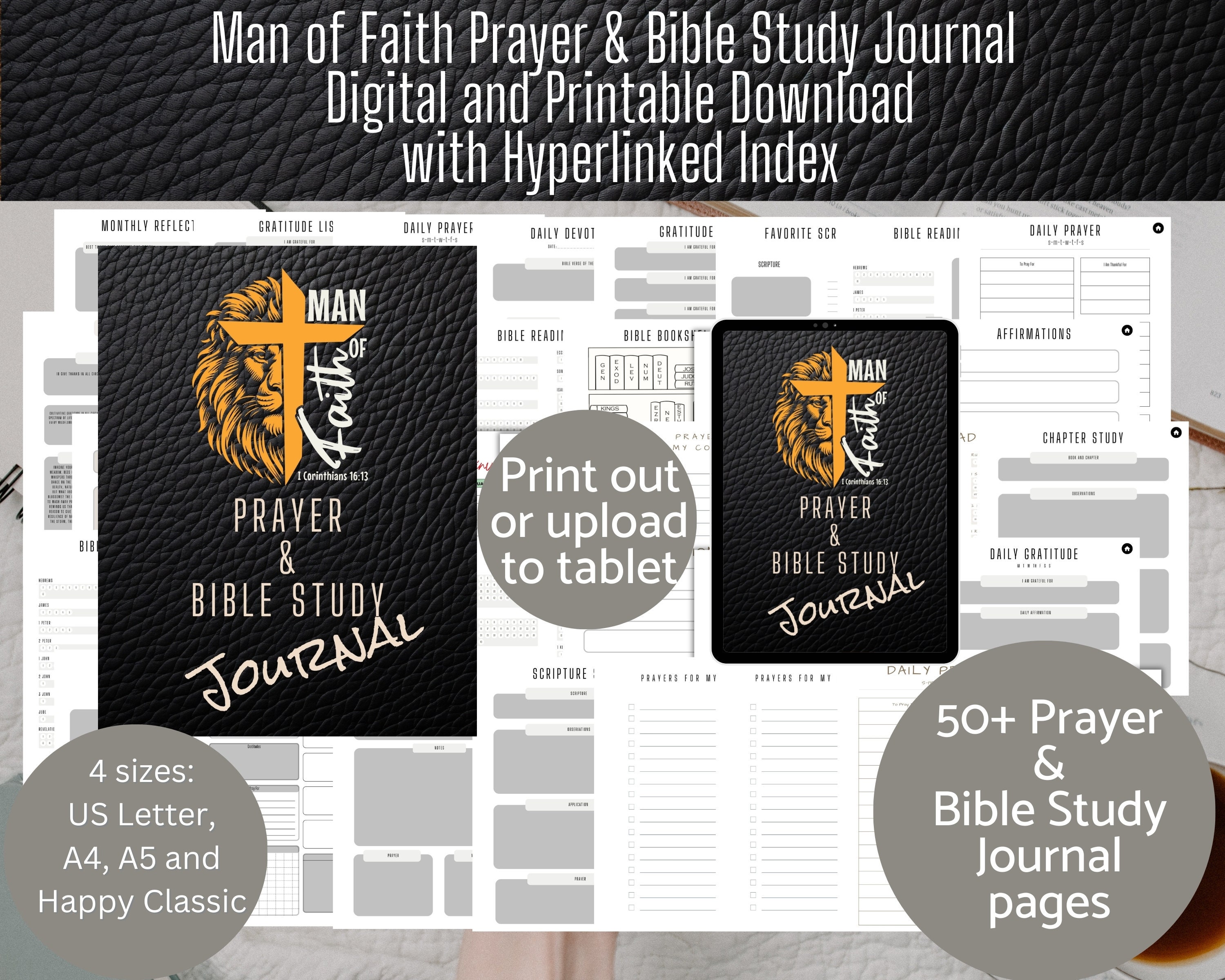 Digital Prayer and Bible Study Journal, Hyperlinked Prayer Journal, Printable Daily Devotional Scripture Prompts Man of Faith Prayer Journal
