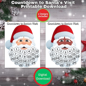 May include: Printable countdown to Santa's visit with two designs.  Each design features a Santa Claus face with numbers 1-24 in circles on his beard.  The first design has a traditional Santa Claus with a white beard and the second design has a Santa Claus with a brown beard.