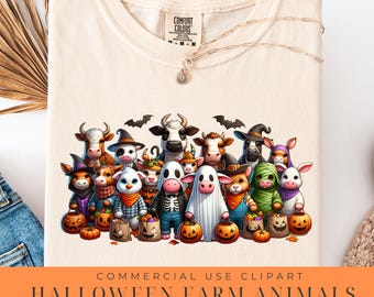 May include: Cream-colored t-shirt featuring a graphic of Halloween farm animals in costume, including cows, pigs, and rabbits. The design includes pumpkins and bats. The shirt also has the text "HALLOWEEN FARM ANIMALS IN COSTUME PNG" and is 16"x16".