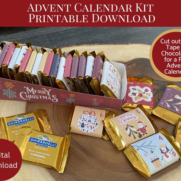 Kit de calendario de Adviento imprimible, Calendario de Adviento de bricolaje, Adviento, Kit de envoltorios cuadrados de chocolate, Cuenta regresiva de vacaciones, Cuenta regresiva de Navidad, Regalos de bricolaje