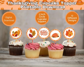Thanksgiving Cupcake Topper Printable Download, 12 designs, 2 Inch each Party favor tags, cake decor, Thanksgiving decor, Thanksgiving Party