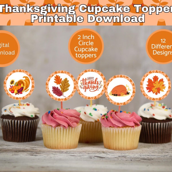 Thanksgiving Cupcake Topper Printable Download, 12 designs, 2 Inch each Party favor tags, cake decor, Thanksgiving decor, Thanksgiving Party