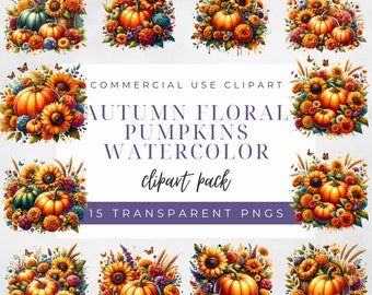 Autumn floral pumpkin Watercolor Clipart, Fall colors Sunflowers Pumpkins, Thanksgiving, Commercial Use, Fall Pumpkin Clipart, 15 PNG 300dpi