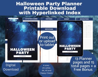 Könnte beinhalten: Ein digitaler Download eines druckbaren Halloween-Partyplaners mit einem gruseligen blauen und schwarzen Hintergrundbild. Der Planer enthält Abschnitte für Partydetails, Aktivitäten und Spiele, Kostüme, Einladungen, Budget und Dekorationen. Der Planer ist in vier Größen erhältlich: US Letter, A4, A5 und Happy Classic. Der Planer umfasst 13 Planerseiten und 15 Gesamtseiten plus einen kostenlosen Bonus.