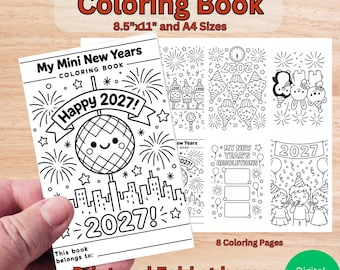 May include: A printable mini New Years coloring book featuring 8 pages with black and white line art illustrations of fireworks, a disco ball, party animals, and the text 'My Mini New Years Coloring Book' and 'Happy 2027!'