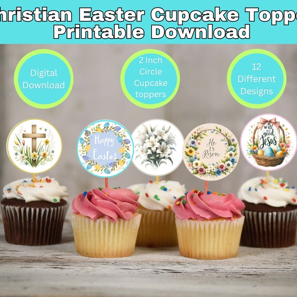 Christian Easter Cupcake Topper Printable Download, 12 designs, 2 Inch Each Party favor tags, cake decor, Easter Decor, Easter Cupcakes