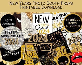 New Years Eve Party Photo Booth Props Printable Download - Instant - DIY Props - 2024 Gold Glitter Black - Glasses, Hats, signs, lips, ties