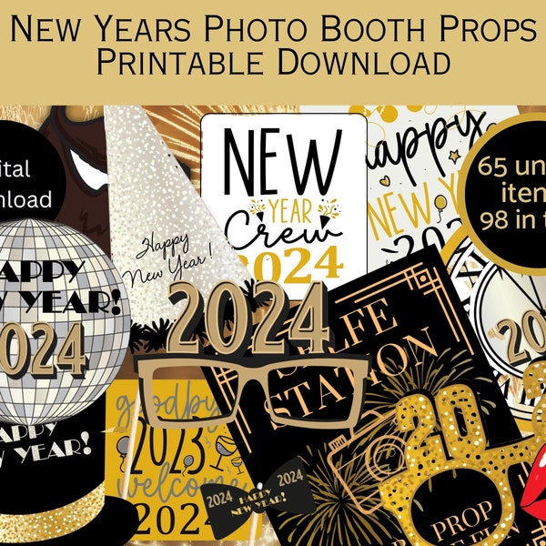 New Years Eve Party Photo Booth Props Printable Download - Instant - DIY Props - 2024 Gold Glitter Black - Glasses, Hats, signs, lips, ties