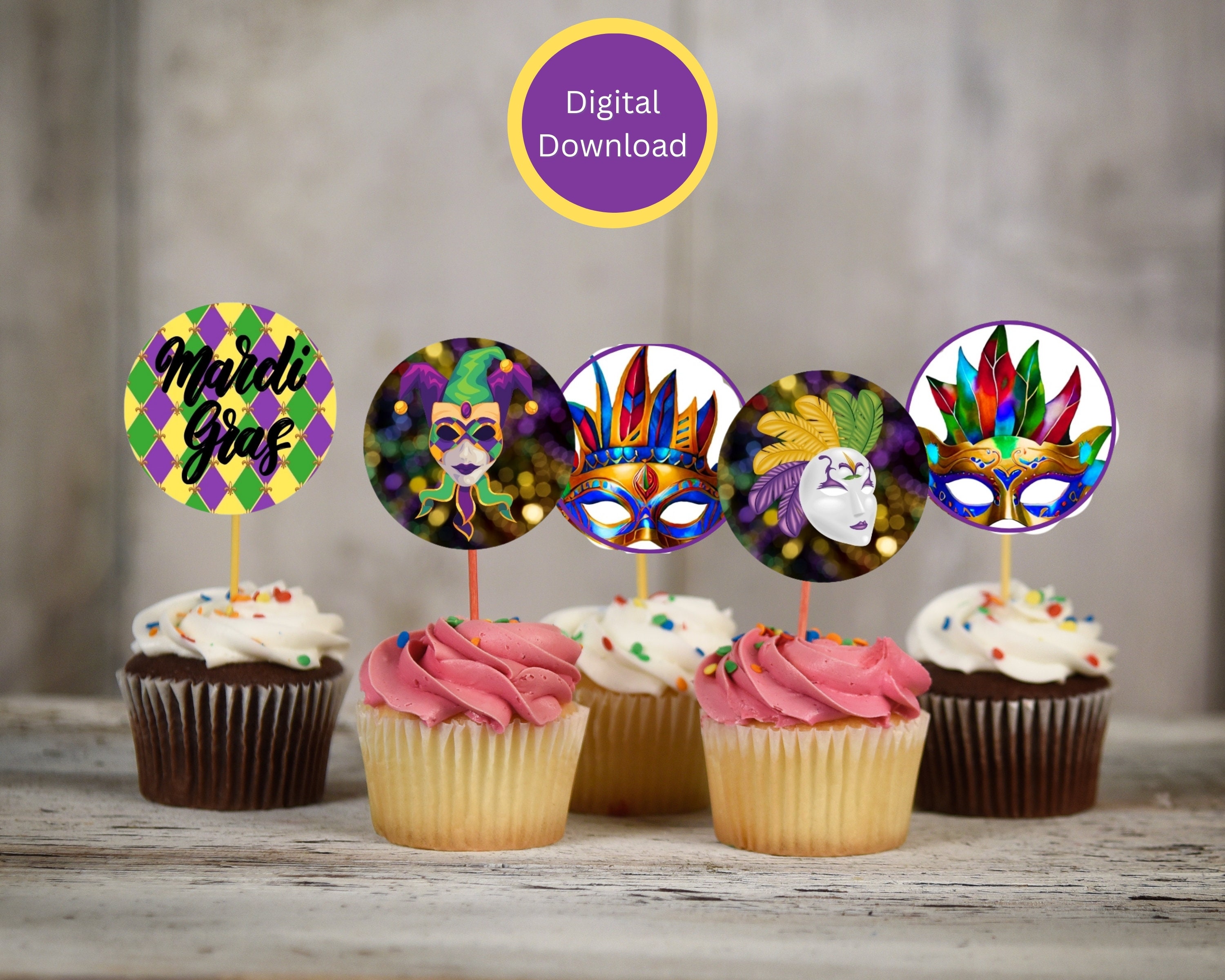 Mardi Gras Cupcake Topper Printable Download, 12 Designs, 2 Inch Each ...