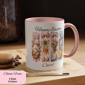 Personalized Easter Coffee Mug, Custom Color and Name Easter 11 or 15 oz Mug, Cute Bunny & Egg Design, Gift for Her, Coquette Easter Mug