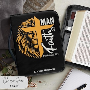 Personalized Man of Faith Bible Cover, Custom Name Bible Case, Full Armor of God, Vegan Leather, Zipper, Bookmark, Christian Gift for Men,GL