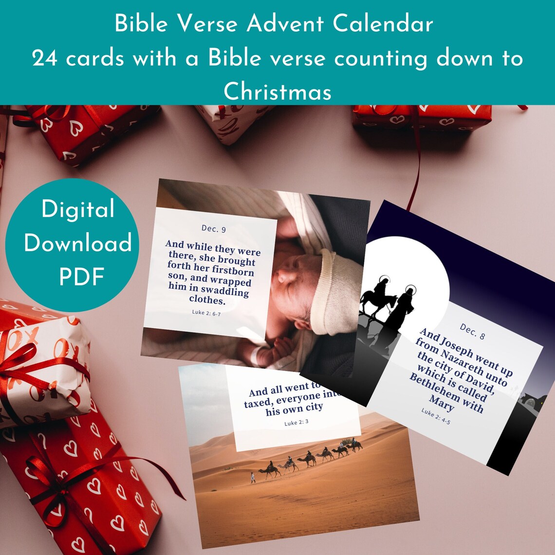 24 Printable Bible Verse Advent Calendar Cards, Christmas Nativity