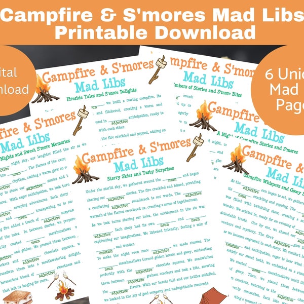 Campfire & S'mores Mad Libs Printable, Campfire Party Games, Printable Download Game for Kids, Classroom, Youth Groups, Mad Libs for camp