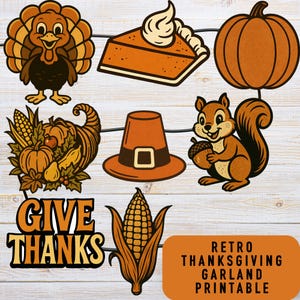 Utskrivbar retro Thanksgiving-girlang, vintage höstdekor, tackbanderoll, ymnighetshorn, pumpa, ekorre, pilgrimshatt, majs, pumpapaj