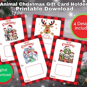 Porta-cartão de presente de Natal com animais para impressão, Porta-cartão de presente, Download instantâneo, Cartão de presente de Natal, 4 designs de animais, Cachorro e gato de Natal