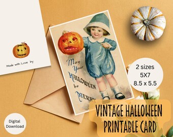 Puede incluir: Tarjeta de Halloween imprimible con una ilustración vintage de un niño sosteniendo una calabaza tallada. La tarjeta tiene el texto "May Your Halloween be Merry" y está disponible en dos tamaños: 5x7 pulgadas y 8,5x5,5 pulgadas.