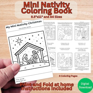 Könnte beinhalten: Ein schwarz-weißes Malbuch mit dem Titel "Mini Nativity Christmas" mit Illustrationen der Weihnachtsgeschichte. Das Buch enthält 8 Malvorlagen und ist in den Größen 8,5"x11" und A4 erhältlich. Auf dem Cover steht "My Mini Nativity Christmas Coloring Book".