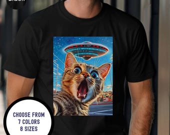 Cat Selfie UFO Flying Saucer Shirt, Funny Spaceship T-shirt, Alien UFO Invasion Tee, Cat Lover Gift, Surprised Scared Cat Taking Selfie Tee