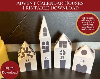 Calendario de Adviento Casas Imprimibles, Calendario de Adviento DIY, Casas de Papel de Adviento, Cuenta Regresiva de Vacaciones, Cuenta Regresiva de Navidad, 24 cabañas navideñas