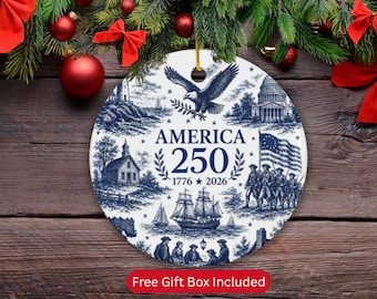 America 250 Ornament 1776 2026, Patriotic Christmas Ornament, USA 250th Anniversary Decor, Ceramic Keepsake, Made in USA Gift