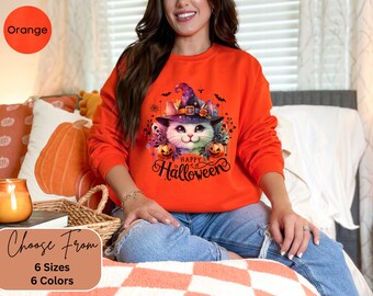Spooky Cat Happy Halloween Sweatshirt, Spooky Season Shirt, Cute Cat Sweatshirt, Fall Cat Autumn Sweatshirt, Halloween Women's sweatshirt