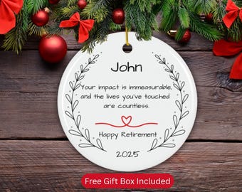 Personalized Ceramic Retirement Ornament, Custom Name Retirement Christmas Ornament, Retirement Gift, Coworker Retirement Gift, Wreath