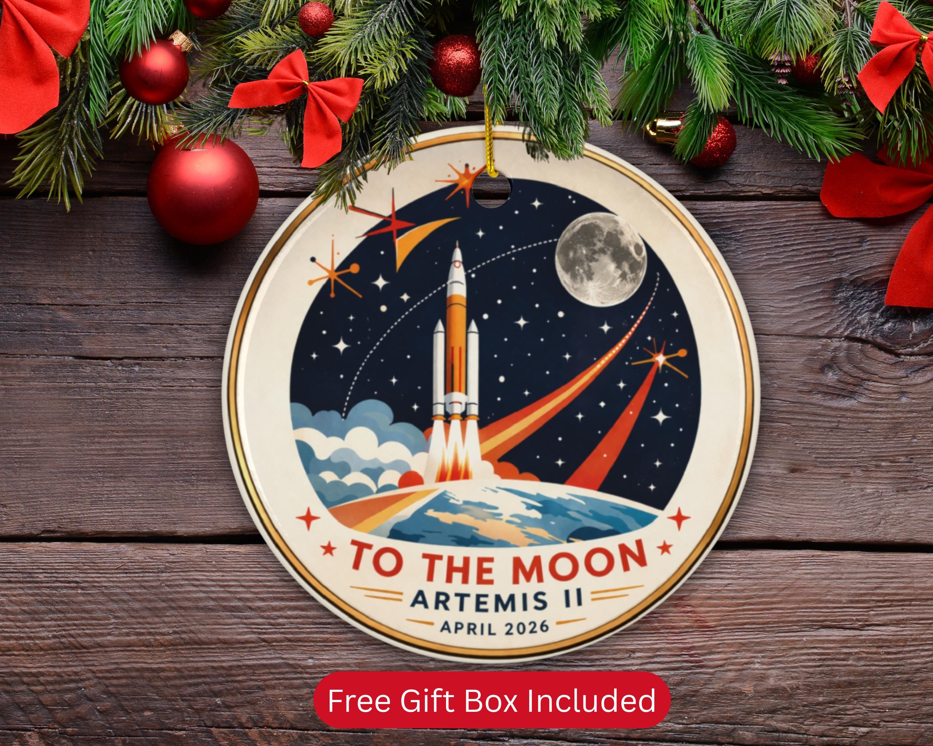 Mid Century Modern Artemis II Ornament 2026, Retro Space Christmas