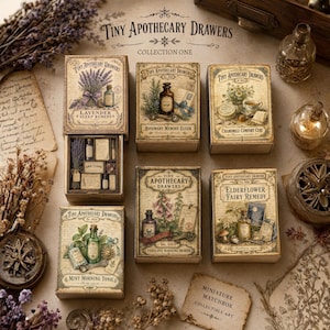 May include: A set of six Tiny Apothecary Drawers matchbox-style containers featuring vintage-style botanical illustrations and labels for Lavender, Rosemary, Chamomile, Mint, Foxglove, and Elderflower remedies, with one drawer shown open.