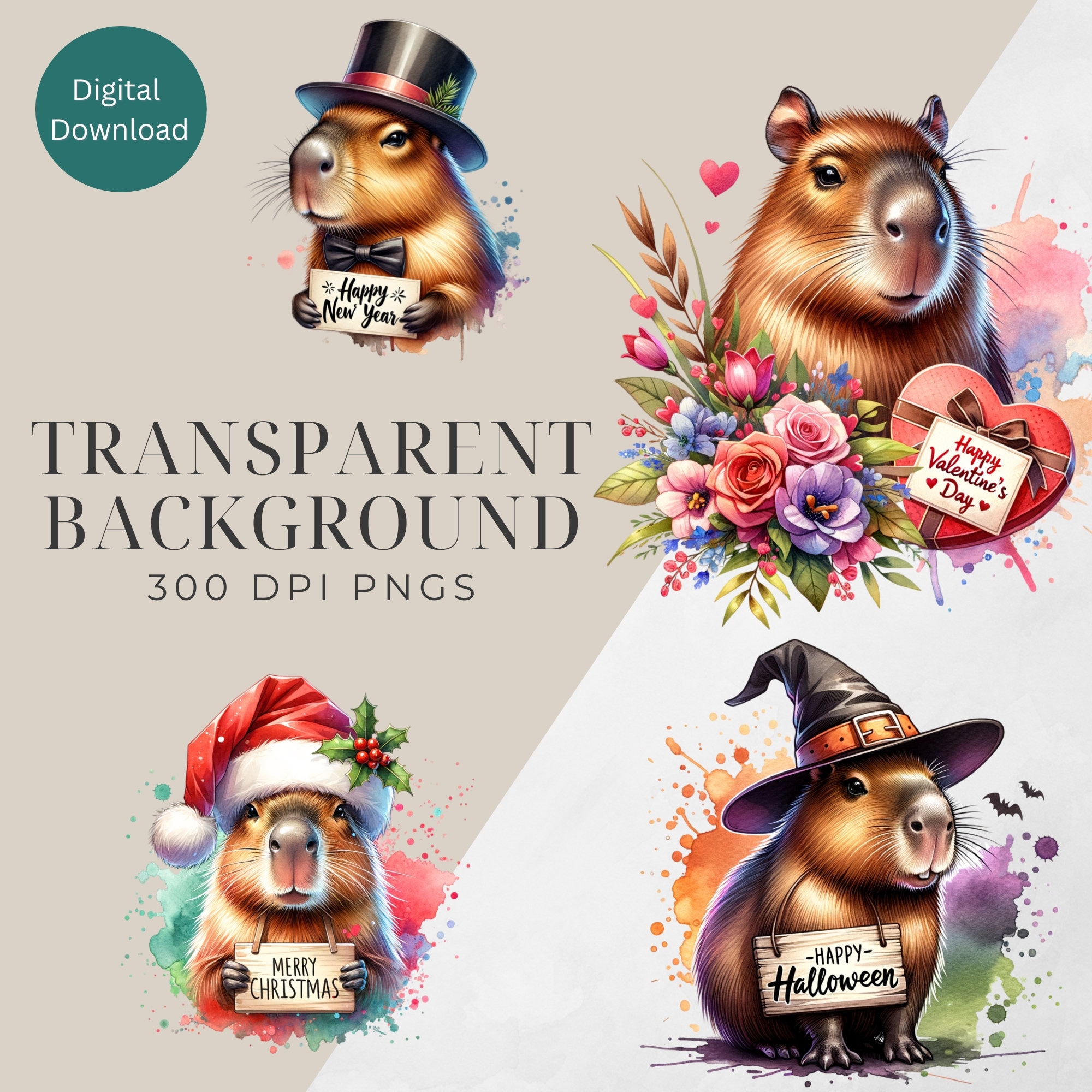 Capybara Holiday Clipart, Capybara Clipart, Christmas, New Years ...