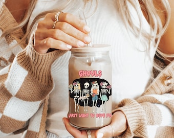 Ghouls Just Want to Have Fun 16oz Glass Tumbler, Summerween Skeleton Girl tumbler, Spooky Beach Ghoul Gang Drinkware, Halloween Coffee Gift