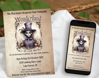 Könnte beinhalten: Eine Einladung mit dem Text "The Mad Hatter Requests Your Company Wonderland." Die Einladung zeigt eine Illustration des Hutmachers und Veranstaltungsdetails für den 31. Oktober 2025 in Lake Forest, CA. Zwei Größen sind enthalten: 12.7cm x 17.8cm und 1080x1920px.