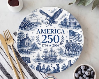 America 250 Plate, 1776 2026 Anniversary Plate, Patriotic Dinner Plate, 10 Inch Unbreakable Plate, Made in USA, Colonial Design