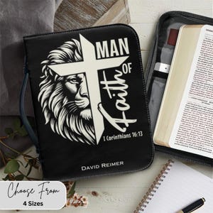 Personalized Man of Faith Bible Cover, Custom Name Bible Case, Full Armor of God, Vegan Leather, Zipper, Bookmark, Christian Gift for Men,GR
