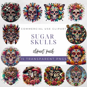 Sugar Skull Clipart, Day of the Dead Clipart, floral skull clipart, Commercial Use, El Día de los Muertos clipart, 15 PNG 300 dpi, Skull png