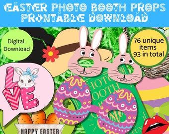 Pascua Photo Booth Props Descarga imprimible, Accesorios de bricolaje, Conejito de Pascua, Huevos de Pascua, Sombreros, letreros, labios, Foto divertida, Feliz Domingo de Pascua