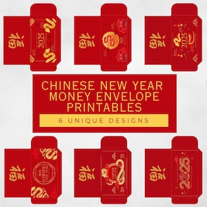 Chinese nieuwjaarswensen envelop afdrukbare items, 6 rode envelopontwerpen, maannieuwjaarsenveloppen, ambacht 2025 jaar van de slang, Hóngbāo