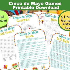 Cinco de Mayo Games Printable, Cinco de Mayo Party Games, Printable Download Game for Kids, Classroom, Youth Groups, 5 Games, Left Right,