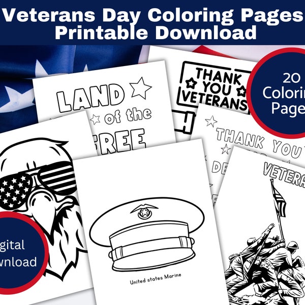 Veterans Day Coloring Pages Printable Download (Set of 20) Patriotic Kids Activity Sheets, Veterans Day Party coloring pages, Youth group