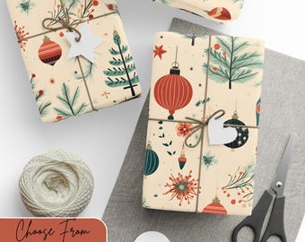 May include: Gift-wrapped presents with festive holiday patterns. The wrapping paper features red, teal, and white Christmas ornaments and botanical designs on a cream background. Each package is tied with twine and a white tag. A spool of twine, scissors, and blank tags are also visible.