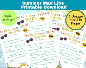 Summer Mad Libs Printable, Summer Party Games, Printable Download Game for Kids, Classroom, Youth Groups, Summer, Mad Libs for Summer