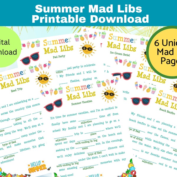 Summer Mad Libs Printable, Summer Party Games, Printable Download Game for Kids, Classroom, Youth Groups, Summer, Mad Libs for Summer