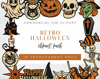 以下が含まれることがあります： レトロなハロウィーンをテーマにしたクリップアートのコレクション。お化け、クモ、カボチャ、骸骨、魔女、棺、骸骨、猫、コウモリ、魔女の帽子、クモの巣、そして「Happy Halloween」の文字が含まれています。