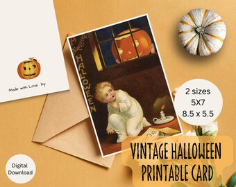 Puede incluir: Tarjeta imprimible vintage de Halloween con un niño en camisón mirando una calabaza en una ventana. La tarjeta tiene el texto "A Thrilling Halloween". Incluye una calabaza y una tarjeta con una ilustración de calabaza. Disponible en tamaños de 12,7x17,8cm y 21,6 x 14cm.