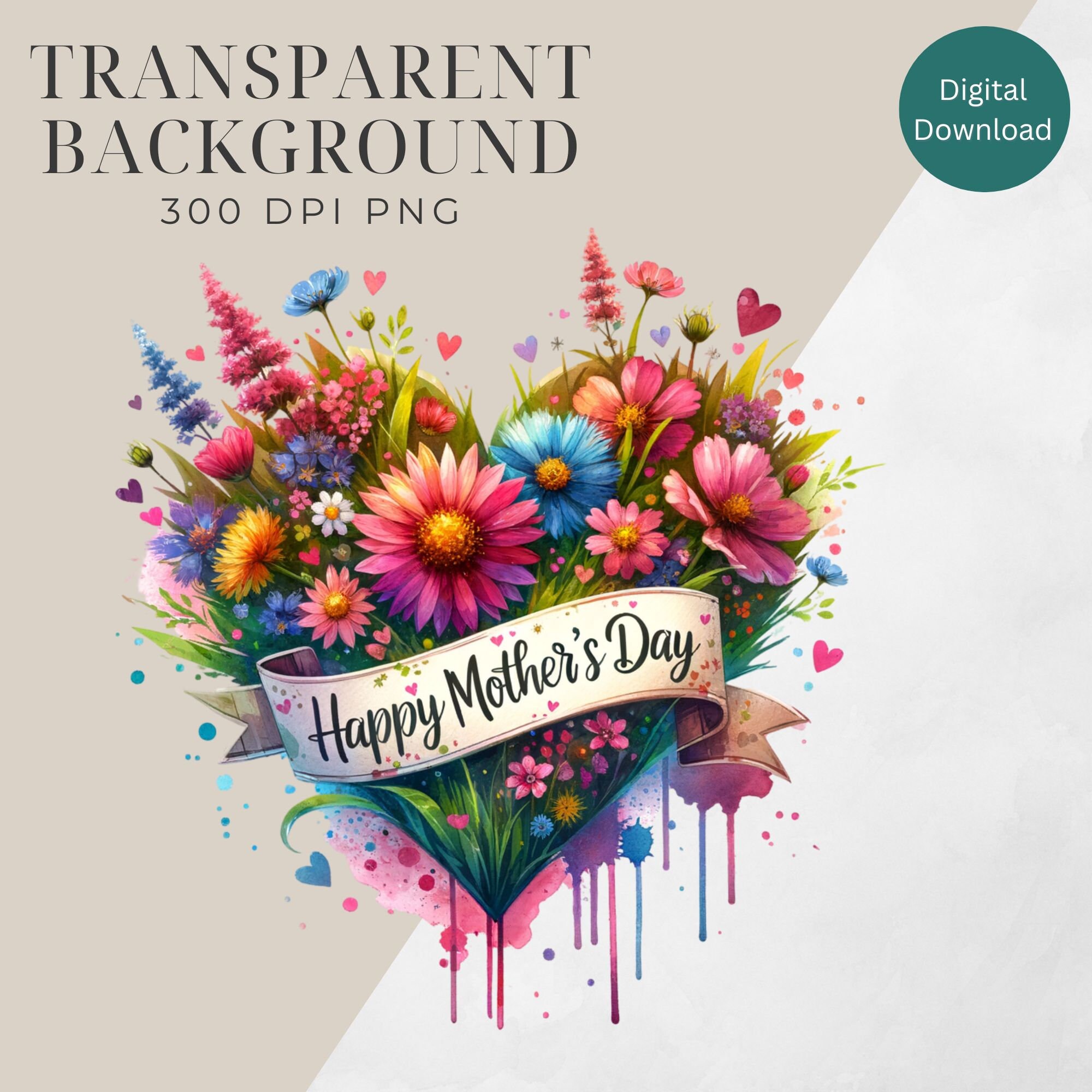 Watercolor Mother's Day Floral Heart Clipart, SINGLE IMAGE, Digital ...