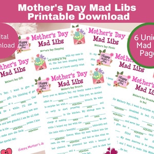 Mothers Day Mad Libs Printable, Mother&#39;s Day Party Games, Printable Download Game for Kids, Classroom, Youth Groups, Mad Libs for Moms Day