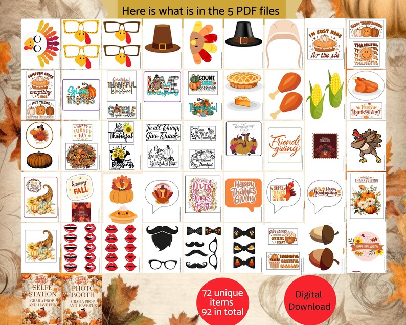 Thanksgiving Photo Booth Props Printable Download, DIY Props, Friendsgiving, faces, signs, lips, Fun Photo, Thanksgiving Party props, Selfie image 2