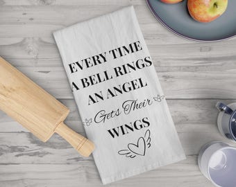 Every Time a Bell Rings Tea Towel, 100% Cotton Christmas Kitchen Towel, Angel Holiday Décor, It’s a Wonderful Life Gift