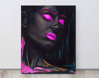 Reflejos rosados / Retrato de una hermosa niña / Negro y rosa / Mujer afro pop art / Decoración de pared bohemia sobre lienzo / Decoración moderna del hogar